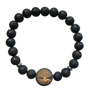 New Healing Stone Lava Rock Tree Of Life Charm Black Stretch Bracelet Grounding